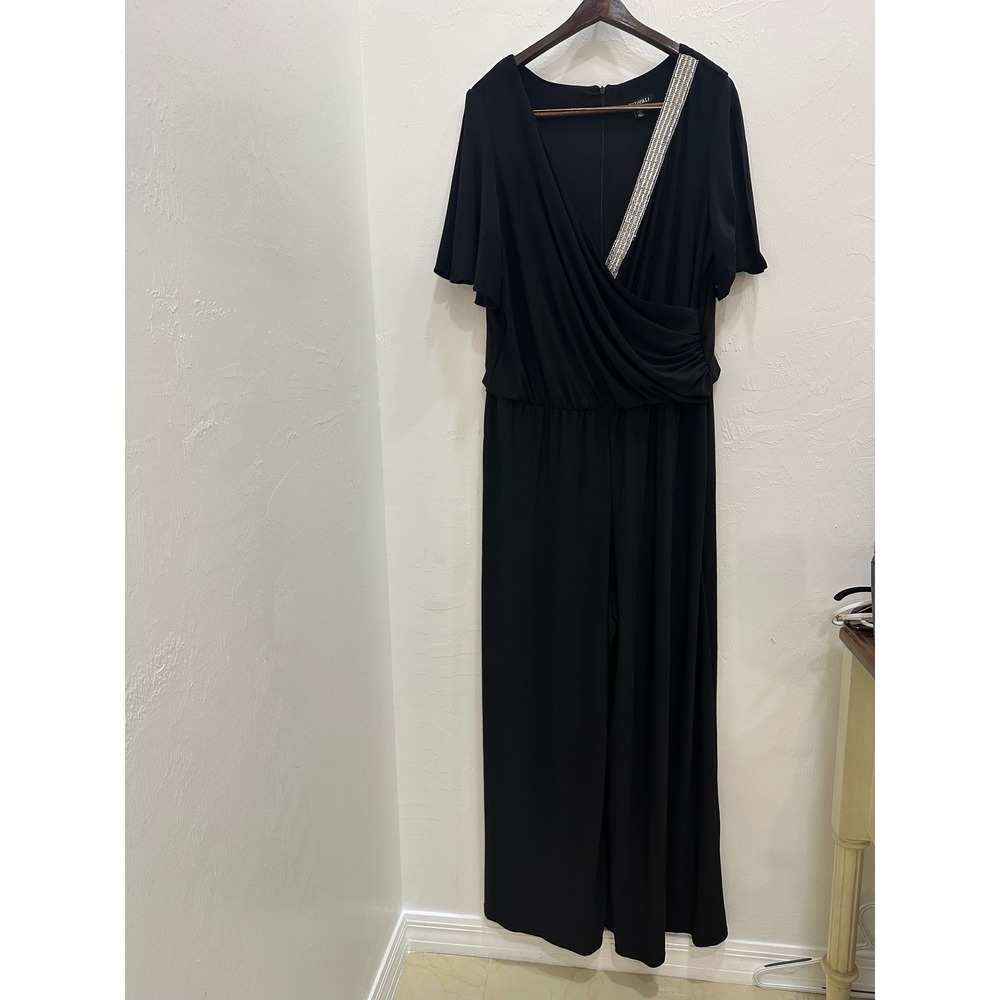 Roz & Ali Black Rhinestone Trim Wrap Jumpsuit Plus Size 2X Wide Leg Evening